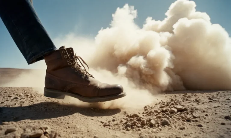 A captivating photograph capturing a person's feet mid-air, shoes scattered, as they slip and descend towards the floor, surrounded by a cloud of dust, frozen in a moment of unexpected clumsiness.