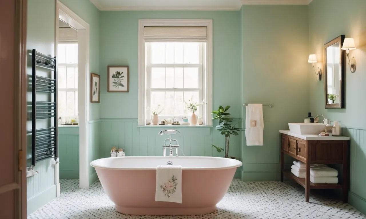 A small bathroom painted in soft pastel hues, cleverly utilizing artificial lighting to create an illusion of natural light, bringing a sense of openness and tranquility to the space.