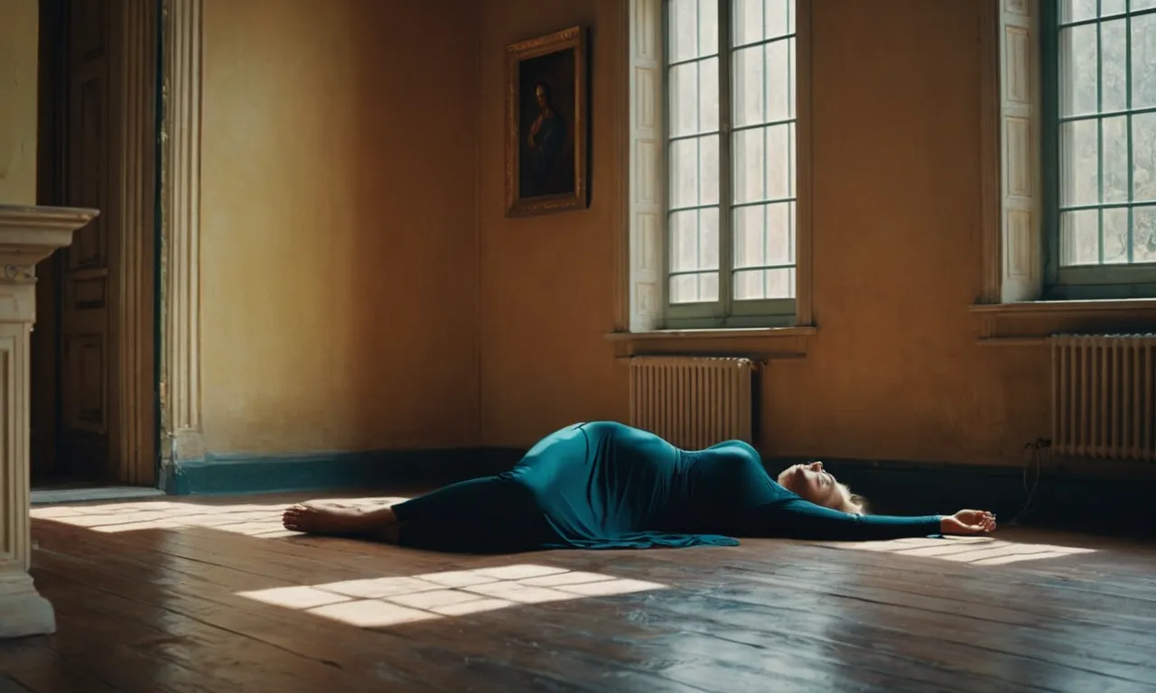 A captivating painting capturing vulnerability and stillness, depicting a figure gracefully sprawled upon the floor, bathed in soft light, inviting contemplation and intrigue.