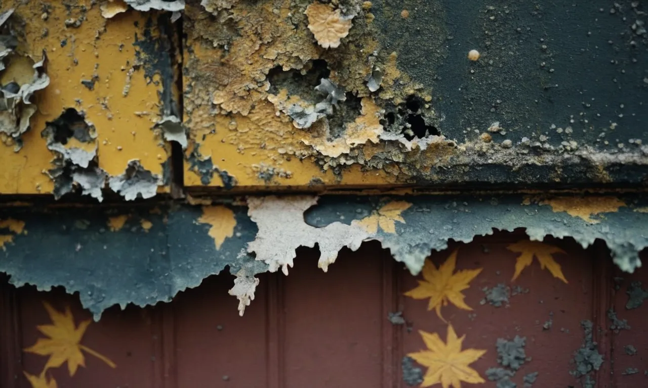 A close-up shot capturing peeling paint revealing a dark, ominous mold underneath, symbolizing the struggle and uncertainty of attempting to hide or cover up a persistent mold problem.
