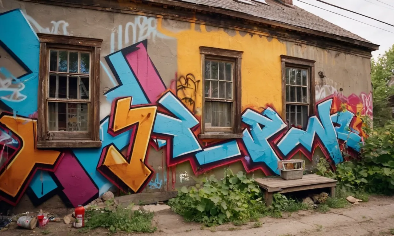 Vibrant graffiti adorns the exterior walls of a weathered house, as colorful spray paint markings intertwine, portraying a captivating urban art scene.