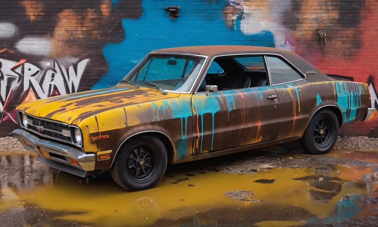 A dynamic and bold painting capturing the raw power of spray paint, as it effortlessly covers rusted surfaces, transforming decay into vibrant bursts of color.