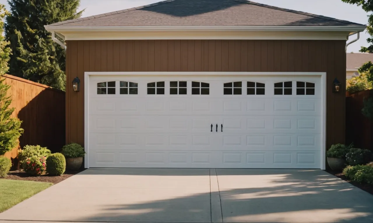 A vibrant and realistic painting capturing the essence of a standard 2 car garage door size, showcasing its sturdy construction and neatly aligned panels amidst a backdrop of a serene suburban neighborhood.