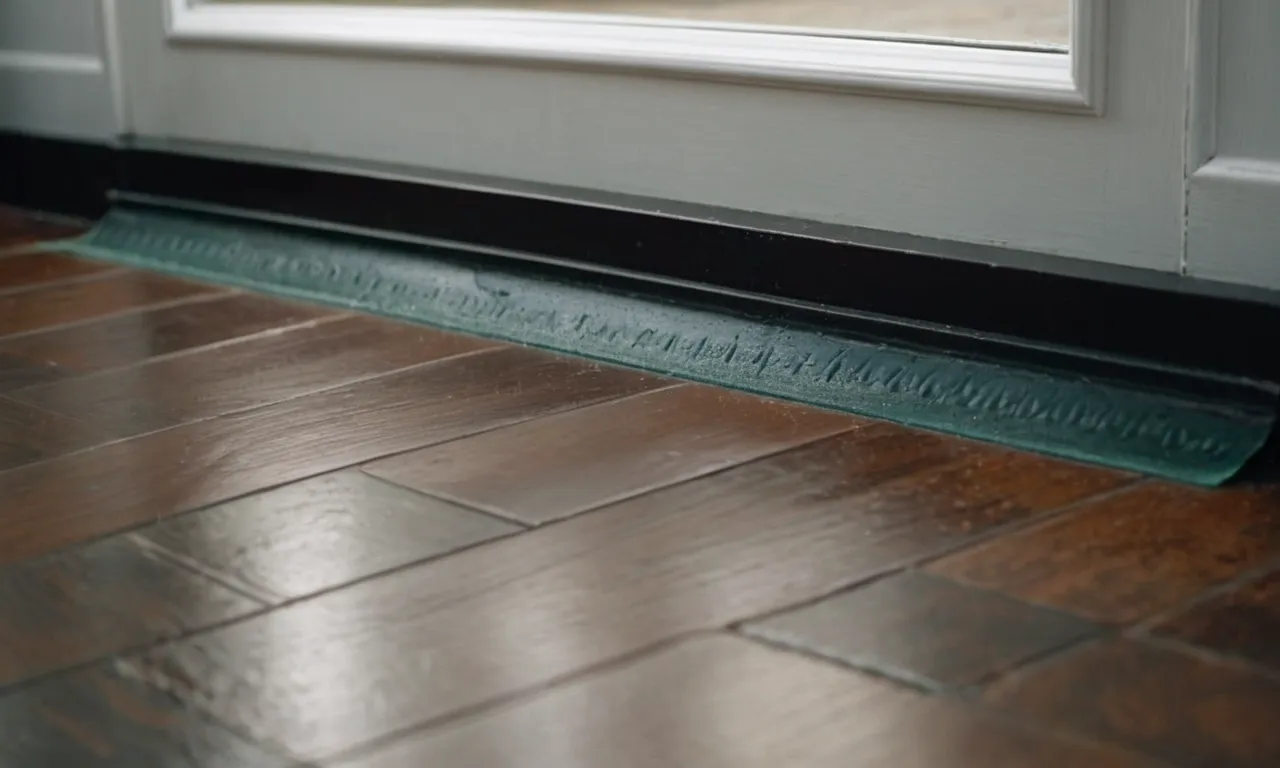 A close-up shot of a rubber door sweep tightly sealed against the floor, preventing any water from seeping through the gap underneath the door.