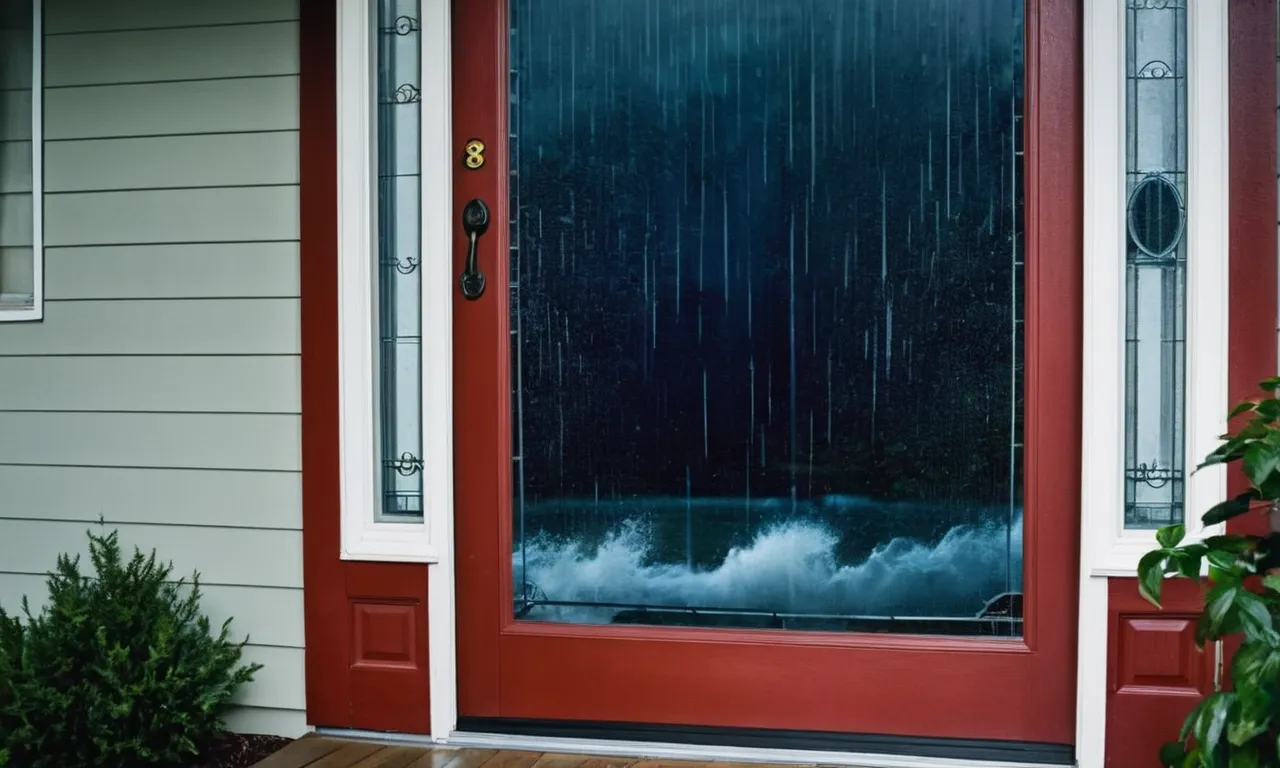 A vivid painting portraying the contrasting elements of a storm door and a screen door, capturing the raw power of a storm against the delicate transparency of a screen.