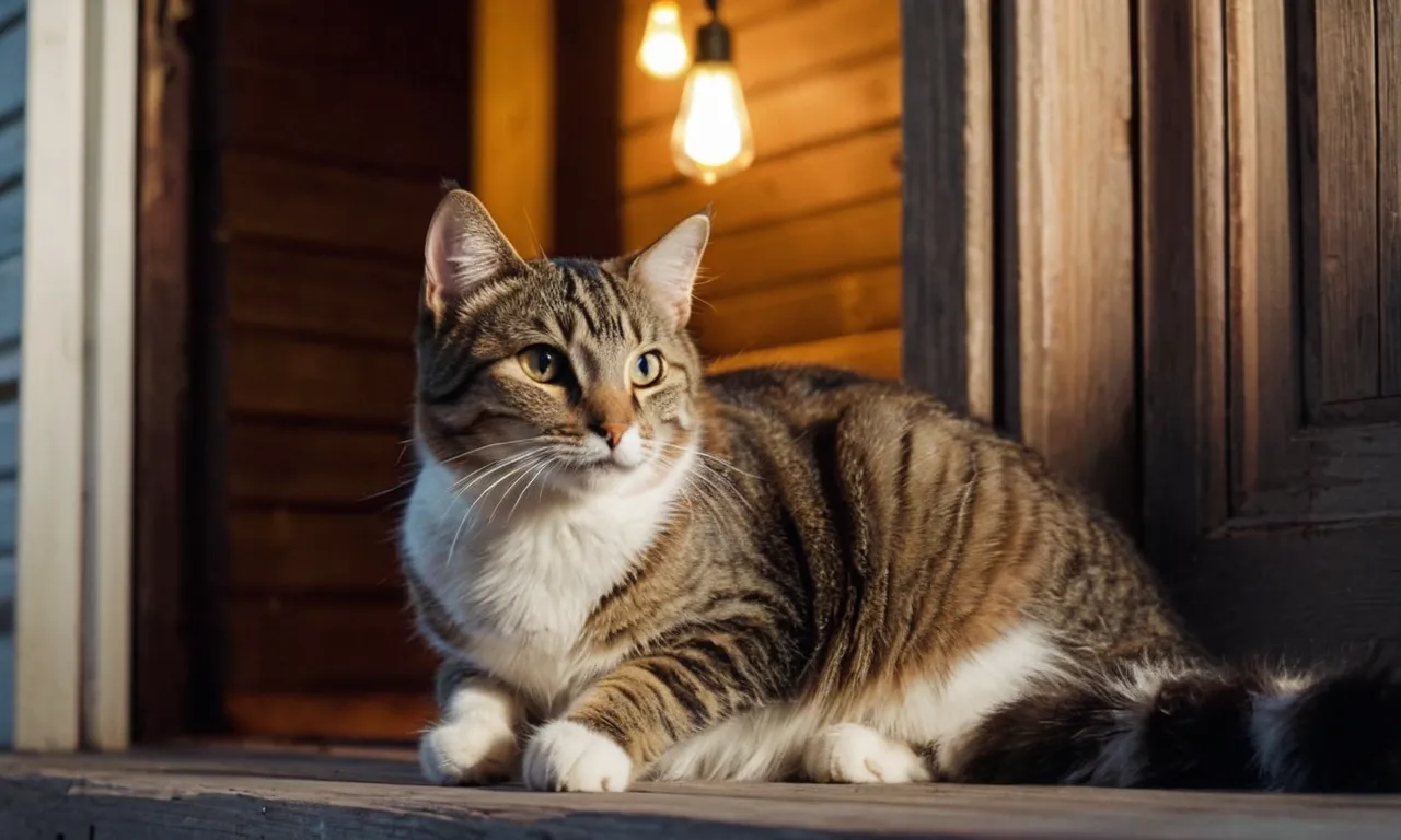 A heartwarming capture of a stray cat illuminated by the soft glow of a porch light, its eyes gleaming with desperation as it meows for shelter and companionship at a weathered wooden door.