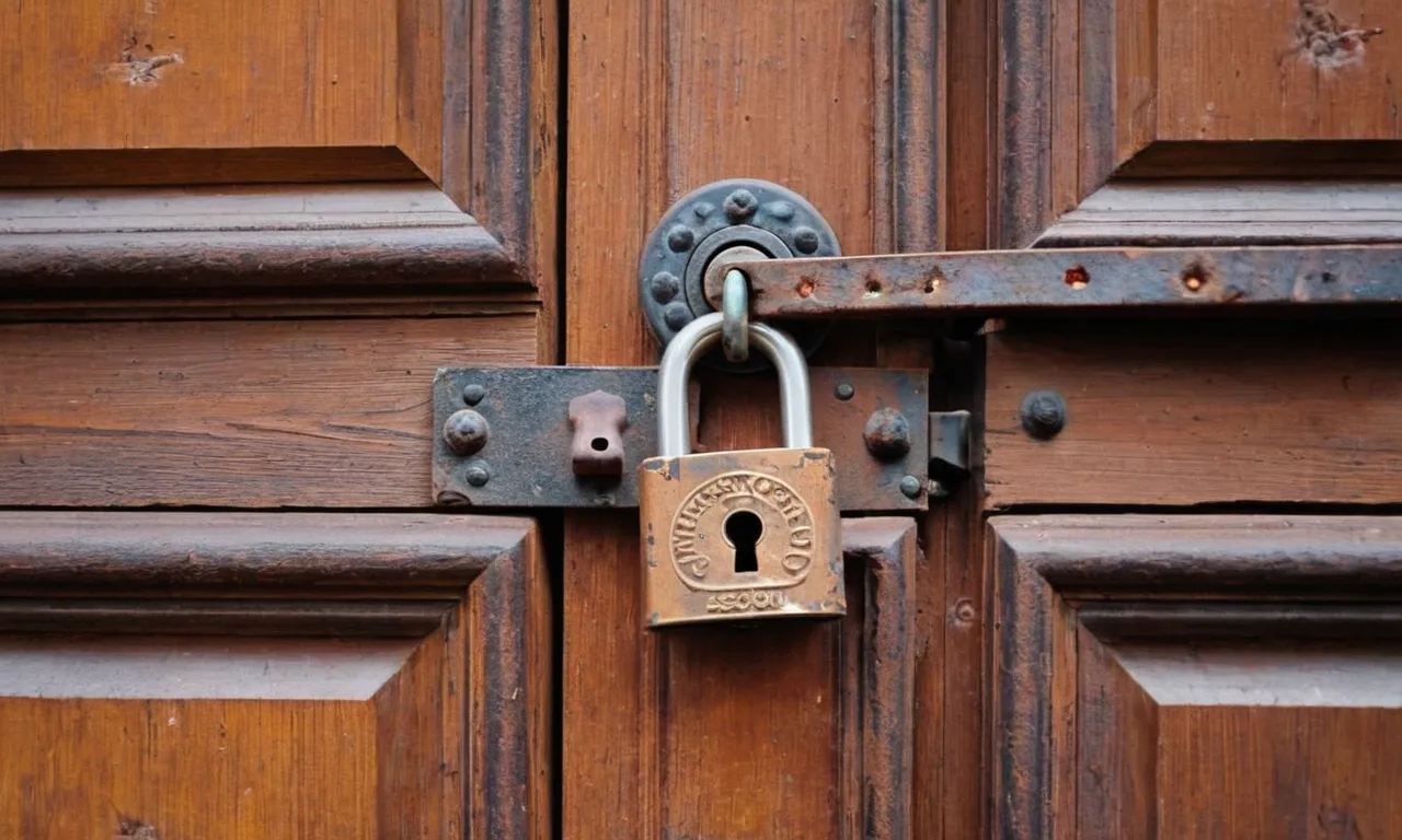 A close-up shot of a weathered, rusted padlock securely fastened to a worn wooden door, symbolizing a temporary barrier from the outside world.