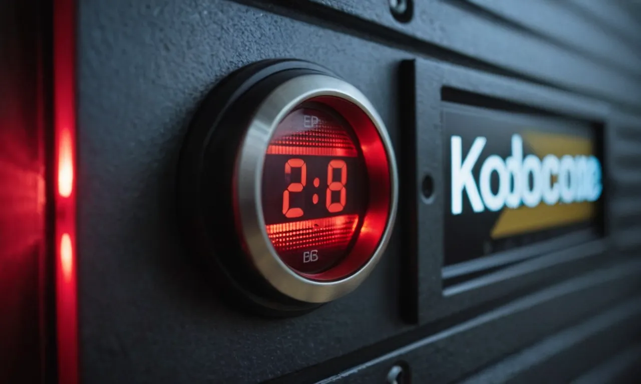 A close-up shot of a garage door button being pressed, capturing the illuminated red light and the countdown timer displayed on the screen.