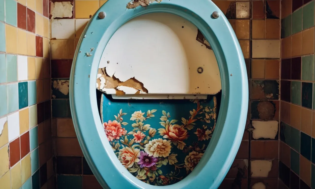 A vivid and intricate painting captures the gradual decay of a toilet seat, as layers of peeling paint reveal the passage of time and the beauty found in unexpected places.