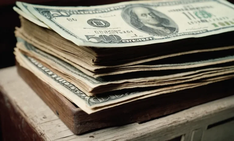 A close-up shot of a stack of old, worn-out furniture pieces, with a crisp banknote placed on top, symbolizing the idea of trading in furniture for instant cash.
