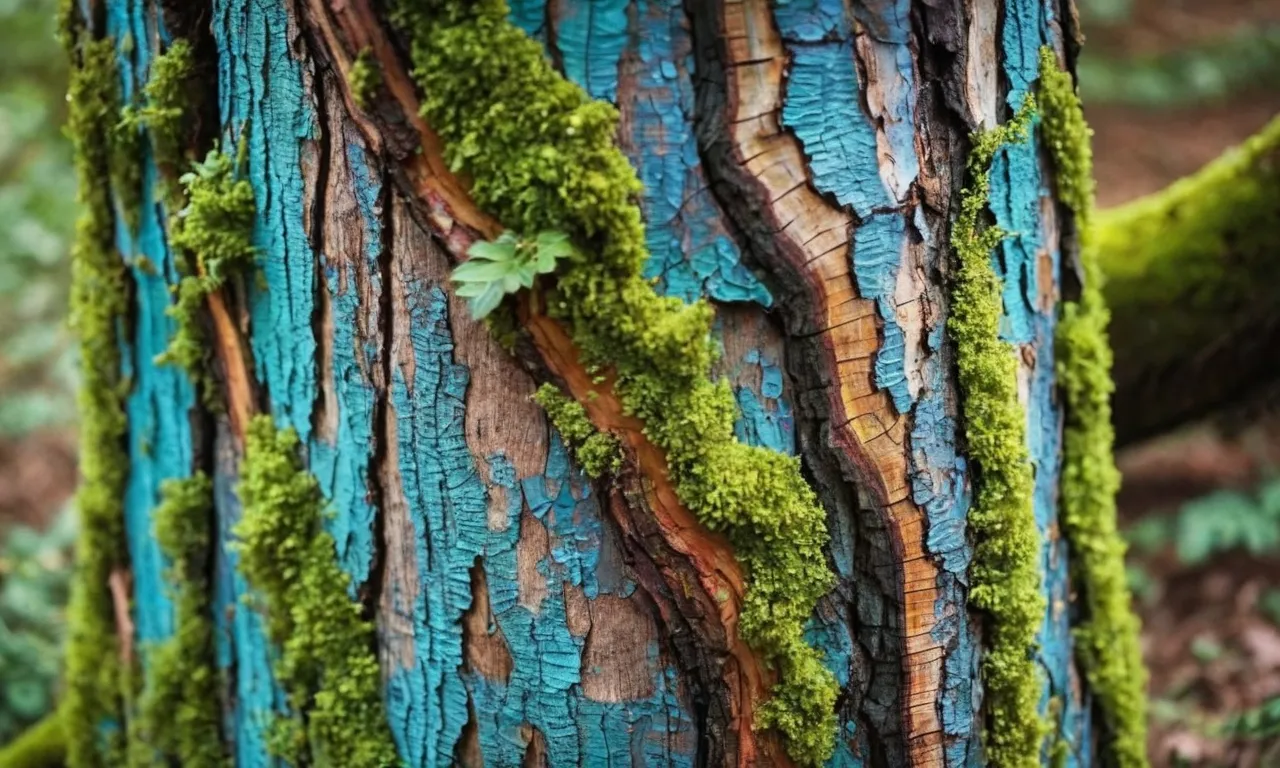 A close-up shot of a tree trunk covered in vibrant, textured paint, symbolizing a cease in growth as nature's beauty is restrained.
