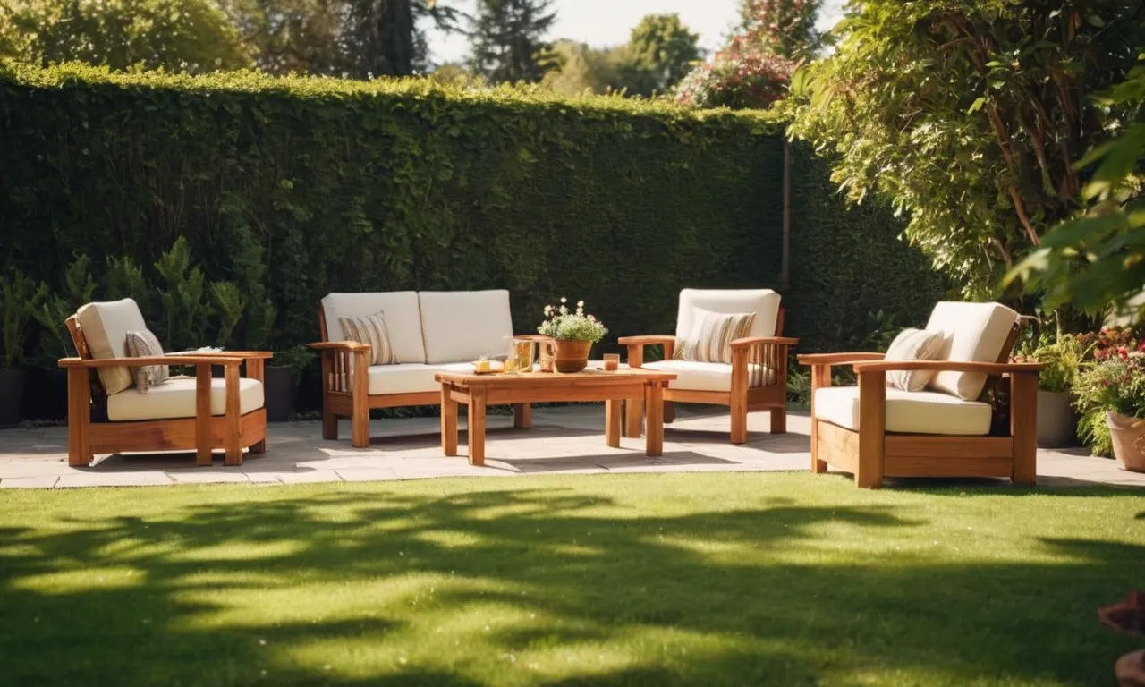 A vibrant, sunlit garden scene with a wooden outdoor furniture set, bathed in the lustrous glow of freshly applied tung oil, capturing the essence of protection and natural elegance.