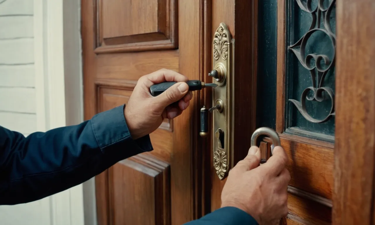 A close-up shot capturing the skilled locksmith's hands delicately maneuvering a set of intricate tools, unlocking a house door with precision and expertise.