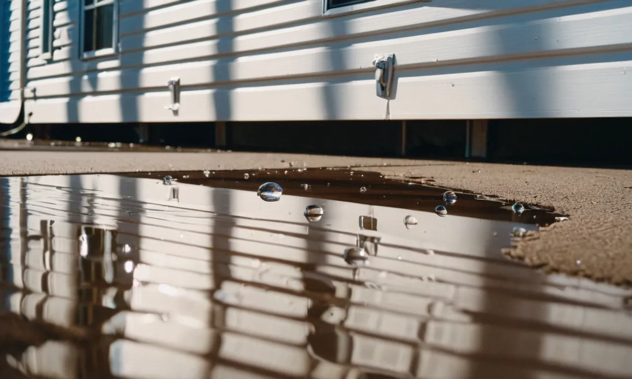 A close-up shot capturing the reflection of water droplets on the floor vents of a mobile home, highlighting the damage caused by water intrusion.