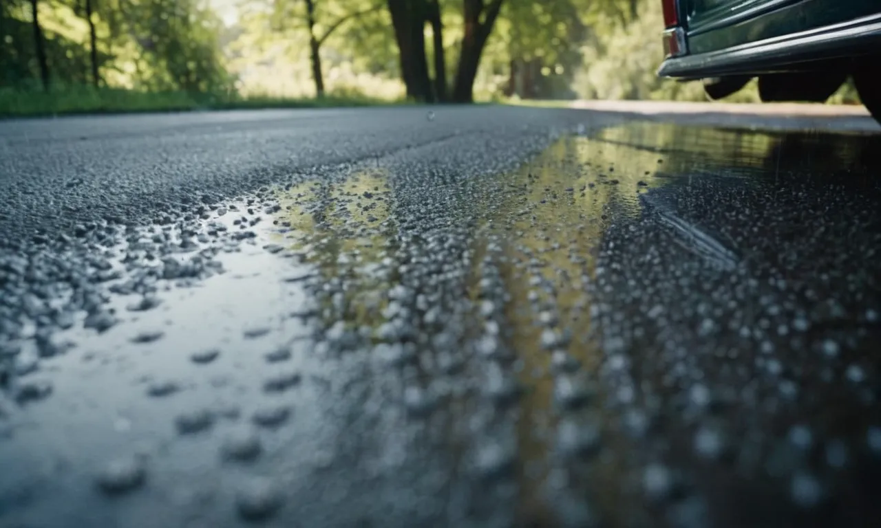 A close-up shot of a car's passenger side floor reveals rainwater droplets glistening on the carpet, reflecting the surrounding scenery and capturing the serene aftermath of a rainfall.