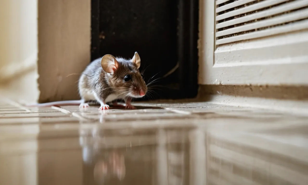 A close-up photo captures a small mouse squeezing through a floor vent, showcasing their adaptability and ability to navigate tight spaces.