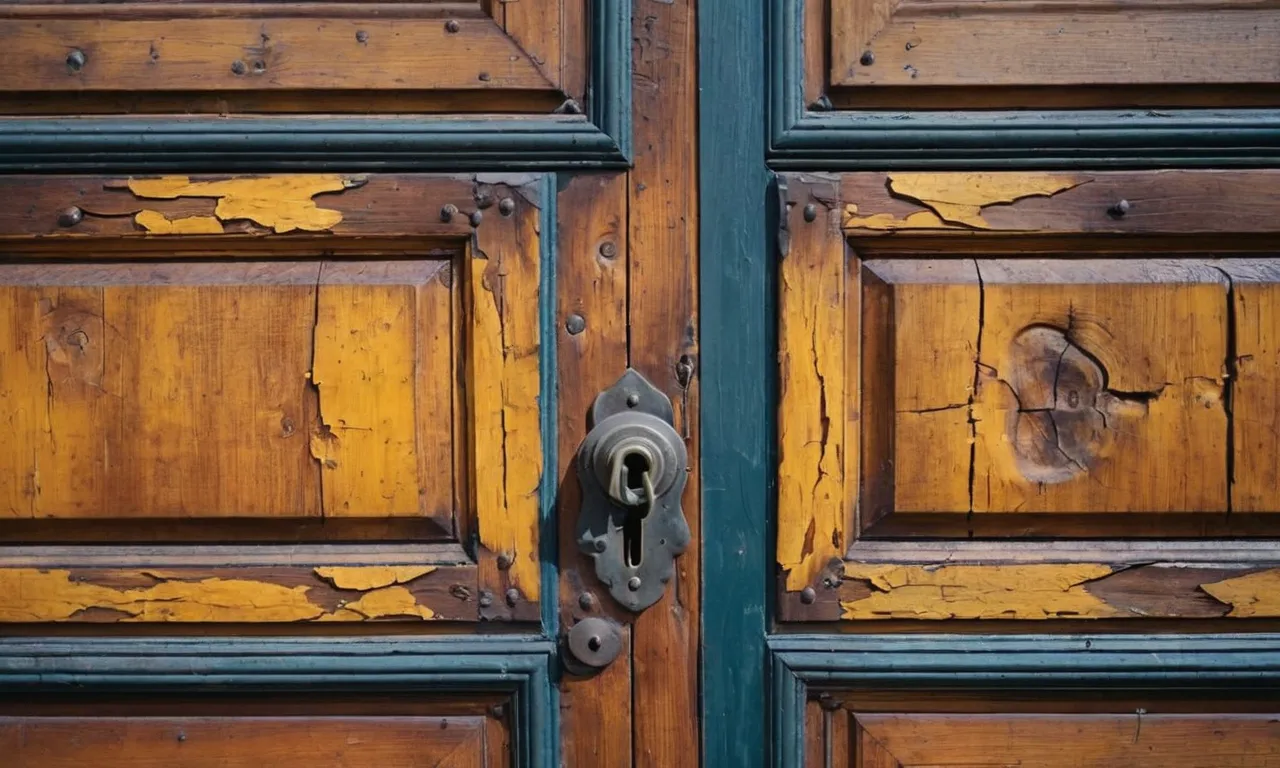 A close-up shot of a weathered wooden door reveals intricate patterns of cracked and peeling paint, showcasing the effects of time, moisture, and fluctuating temperatures on its surface.