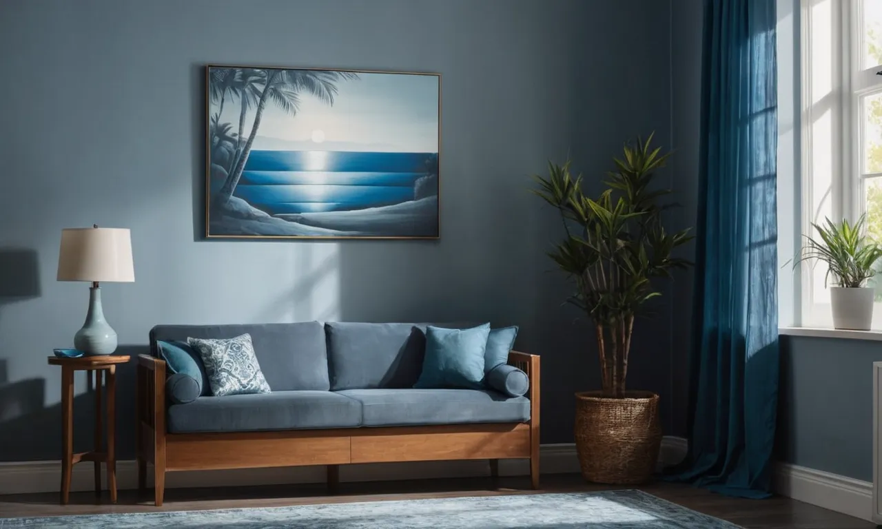 A still life painting featuring a serene room with gray walls and curtains in various shades of blue, creating a harmonious and calming ambiance.