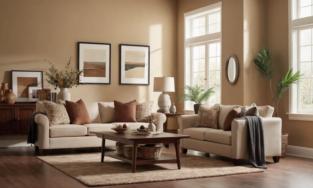 A still life painting capturing the harmonious blend of beige walls and furniture through soft, earthy tones, showcasing the serenity of a cozy living space.