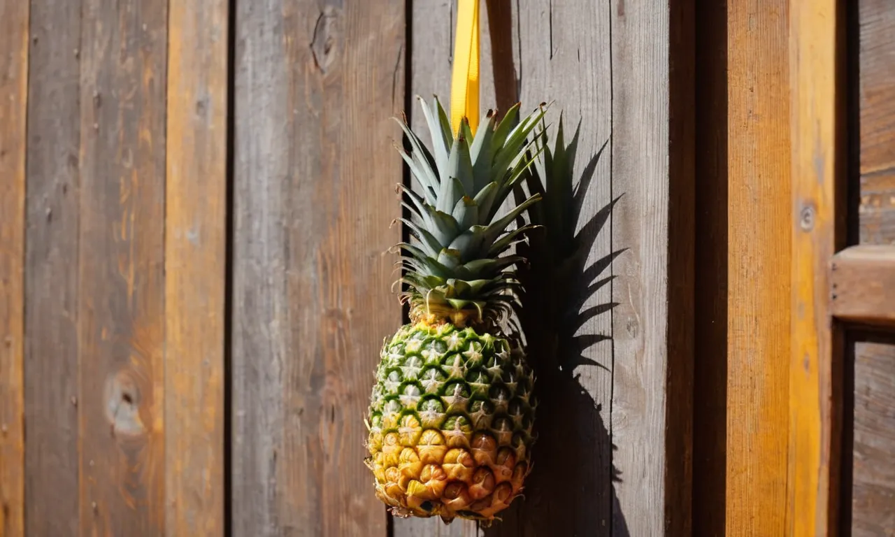A close-up shot of a vibrant yellow pineapple hanging on a rustic wooden door, symbolizing warmth, hospitality, and a welcoming atmosphere.