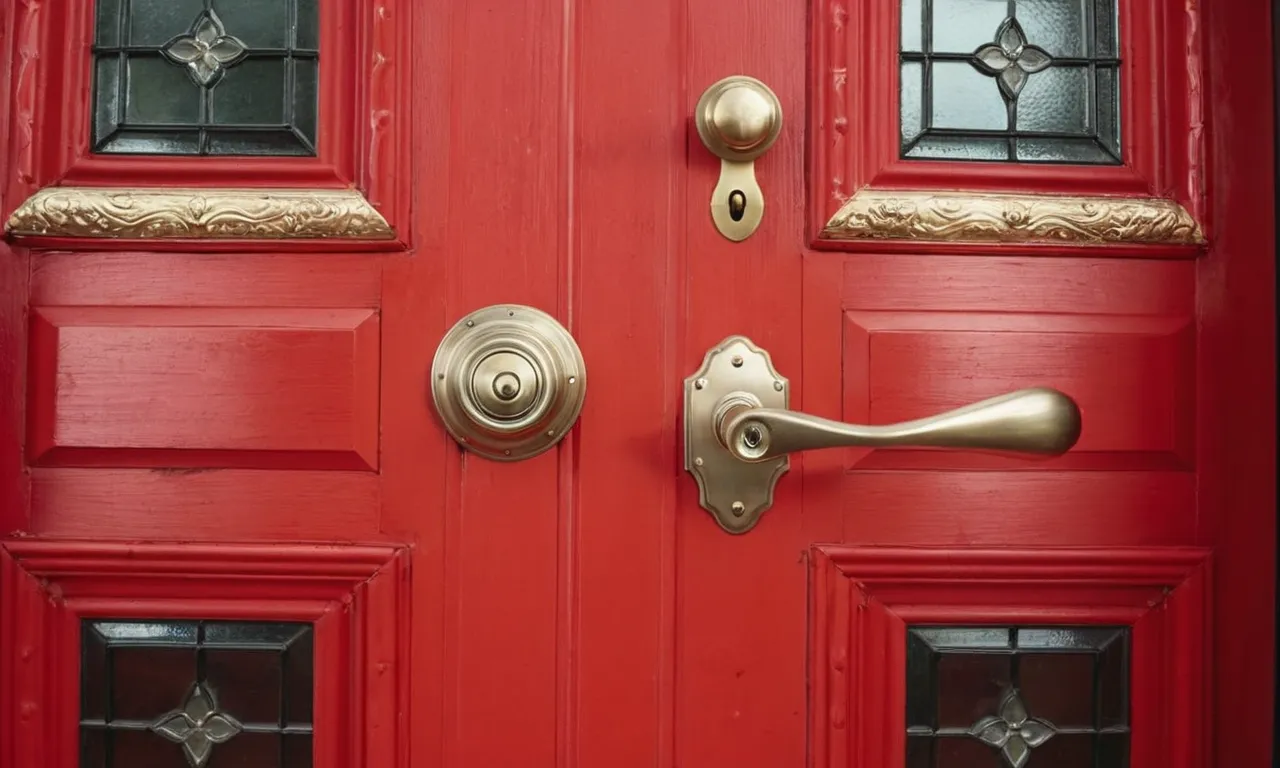 A close-up shot of a vibrant red front door, exuding warmth and inviting energy. Its bold color signifies a warm welcome and a sense of protection, symbolizing good luck and positive vibes.
