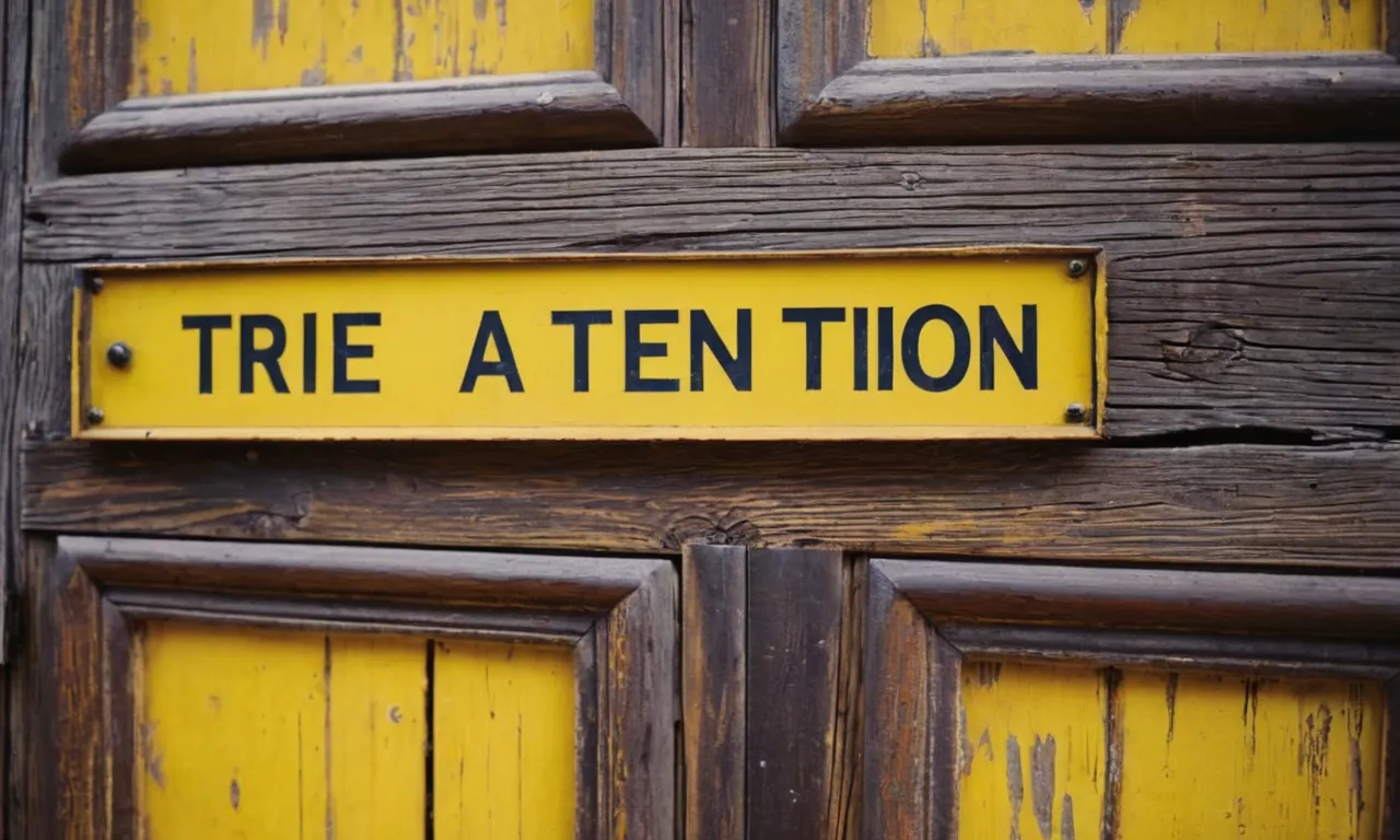A close-up shot of a weathered wooden door with a vibrant yellow notice pinned on it, catching the viewer's attention, leaving them curious about its message.