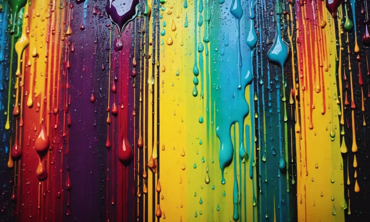 A vivid image captures raindrops cascading down freshly painted walls, transforming vibrant colors into fluid strokes, creating a mesmerizing blend of art and nature.