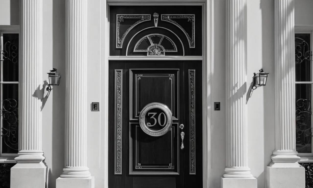 A stunning black and white photograph capturing the intricate details of a sleek, modern door with the number "3-0" engraved on it, symbolizing a doorway to elegance and style.