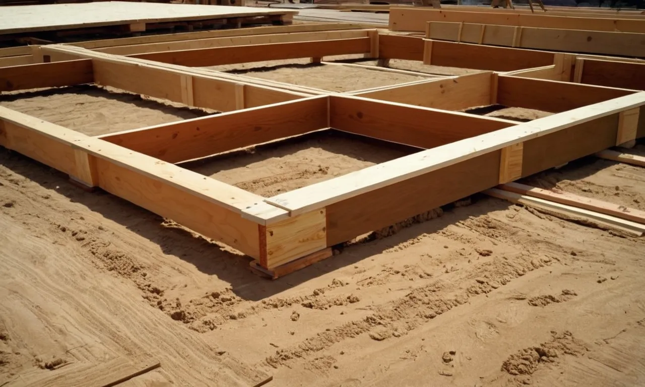 A close-up photograph highlighting the construction process of a subfloor, showcasing sturdy wooden beams, nails, and plywood boards neatly laid out to form a solid foundation for a building structure.