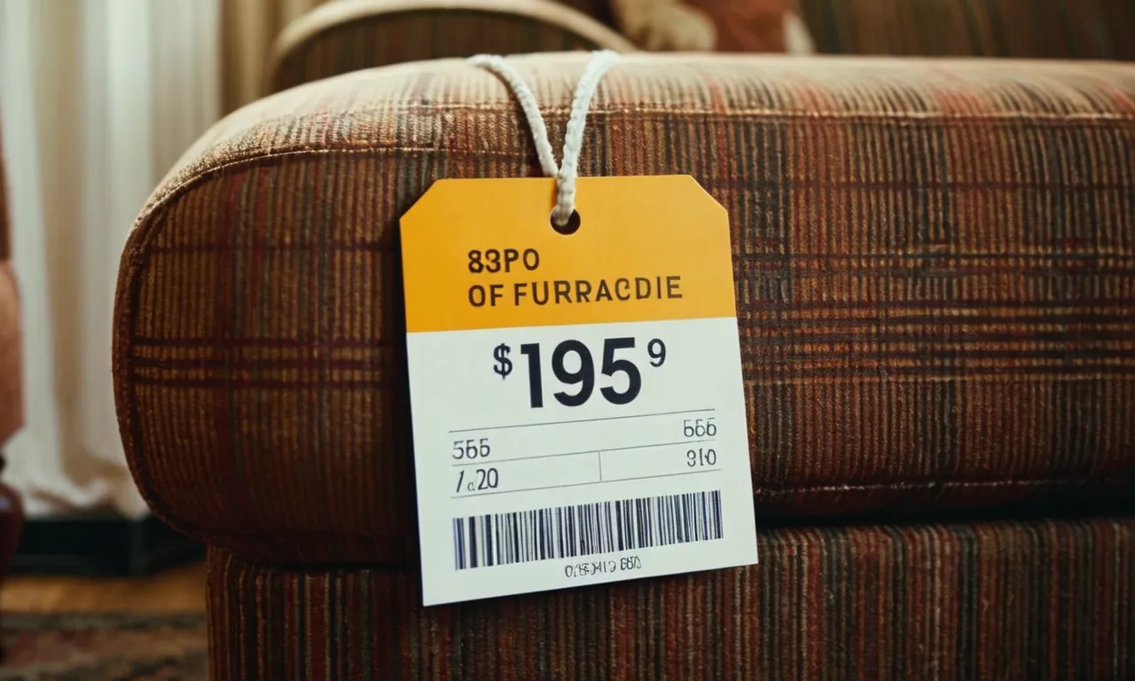 A close-up photograph of a price tag attached to a luxurious sofa, revealing the markup percentage, symbolizing the question "What is the markup on furniture?"