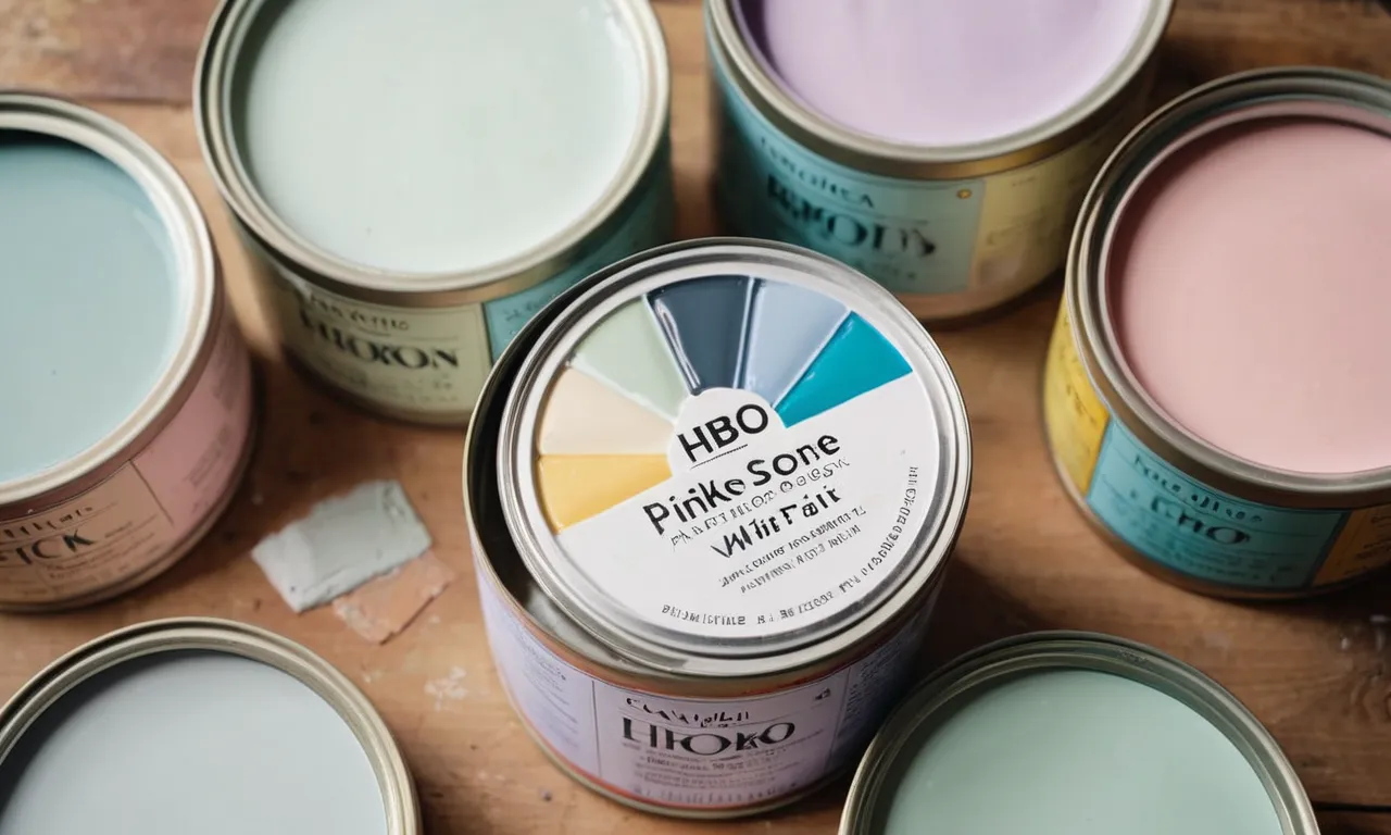 A photograph capturing a can of white wash paint, its label clearly visible, surrounded by a palette of soft, pastel hues.