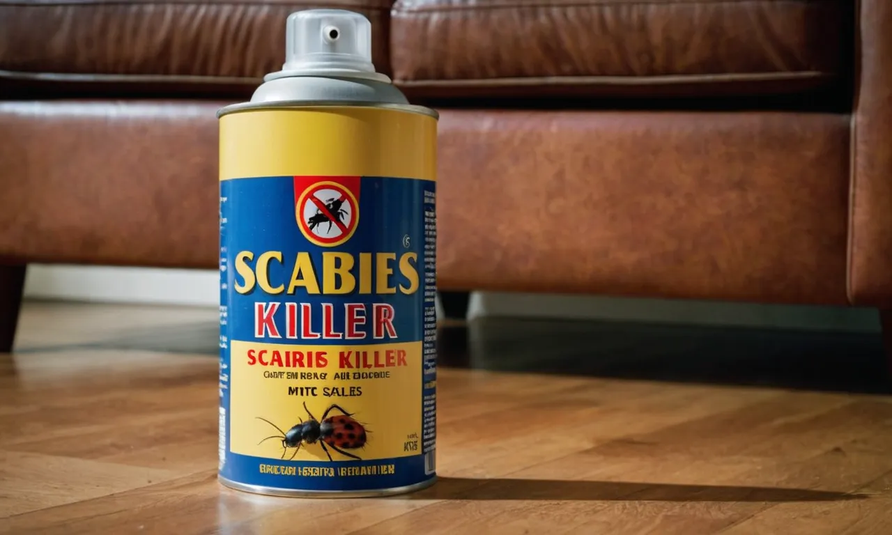 A close-up photo of a can of insecticide labeled "Scabies Killer" being sprayed onto furniture, with a dead scabies mite clearly visible in the foreground.