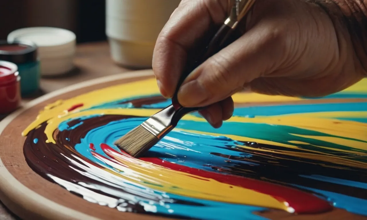A close-up photo capturing the intricate brush strokes of an artist carefully applying vibrant acrylic paint onto a wooden canvas, showcasing the perfect blend of colors and texture.