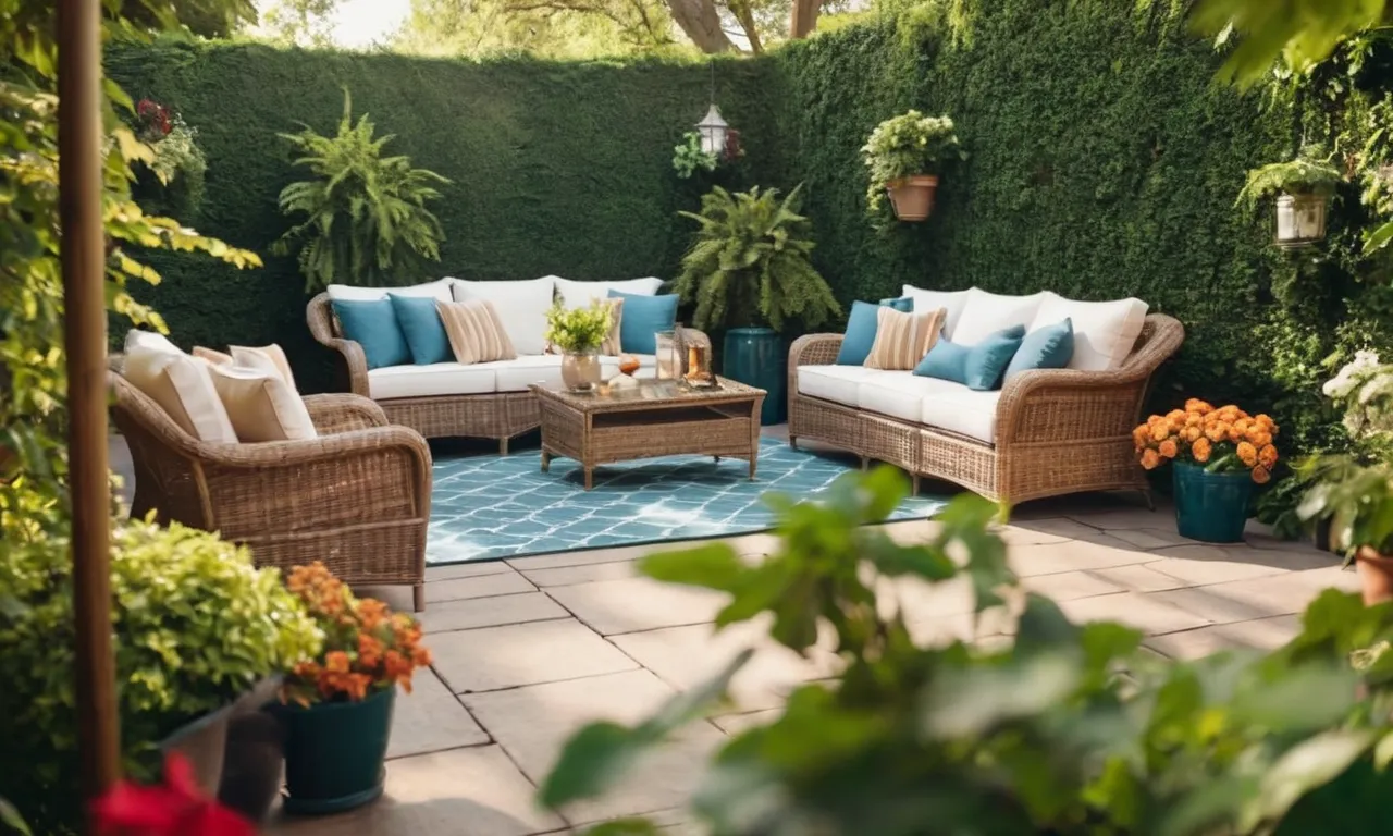 A captivating photo showcasing a beautiful outdoor patio adorned with weather-resistant wicker furniture, basking in the warm sunlight and surrounded by lush greenery, perfectly demonstrating its suitability for outdoor use.