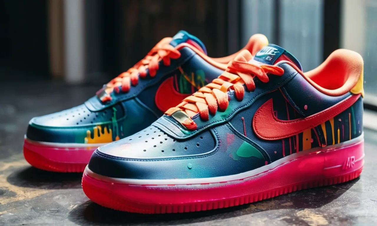 A close-up photograph capturing a vibrant pair of Nike Air Force 1 shoes, adorned with intricate brush strokes and layers of acrylic paint, showcasing a unique and personalized design.