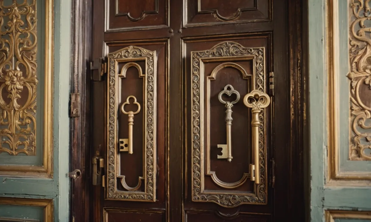 The painting depicts two ornate antique keys suspended in mid-air, surrounded by various closed doors. The keys symbolize hope and love, reminding us that they hold no power in unlocking the doors of fate.