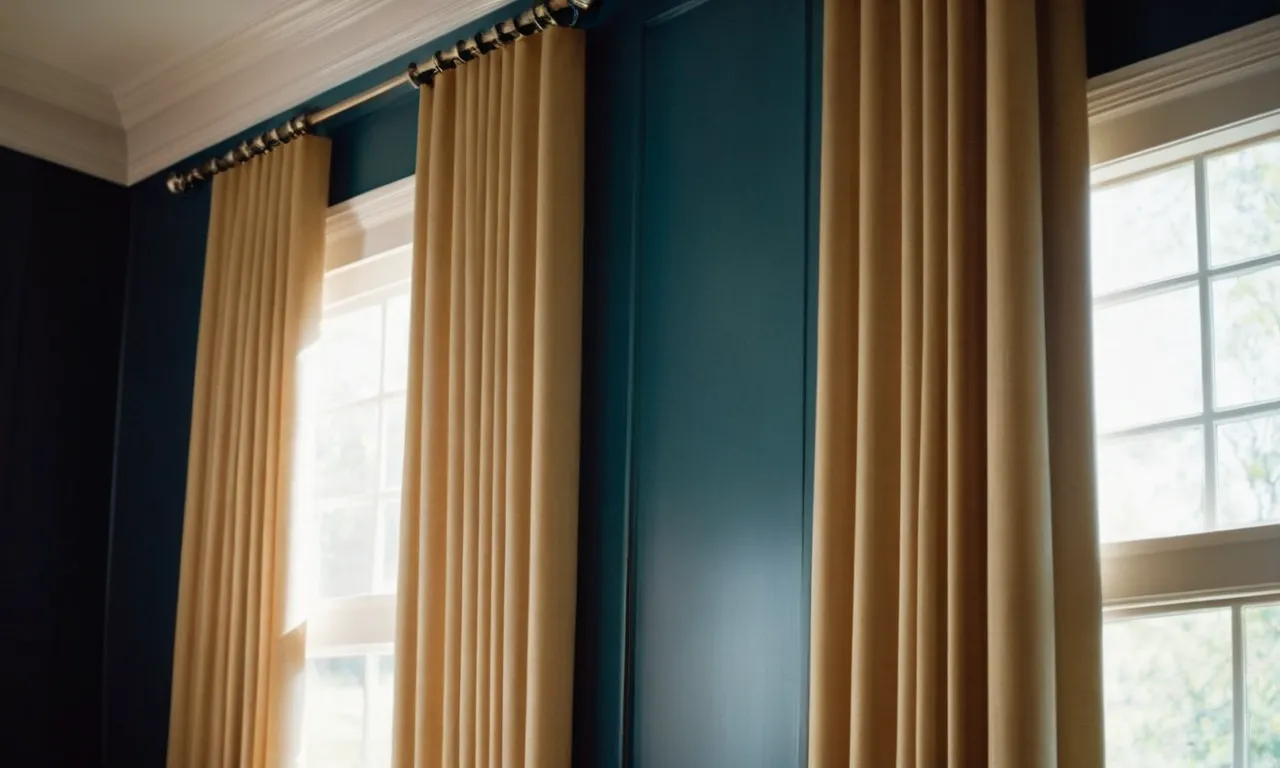 A close-up photograph showcasing two window treatments side by side - one with heavy, pleated fabric cascading gracefully (curtains), while the other features lighter, flowing material (drapes).
