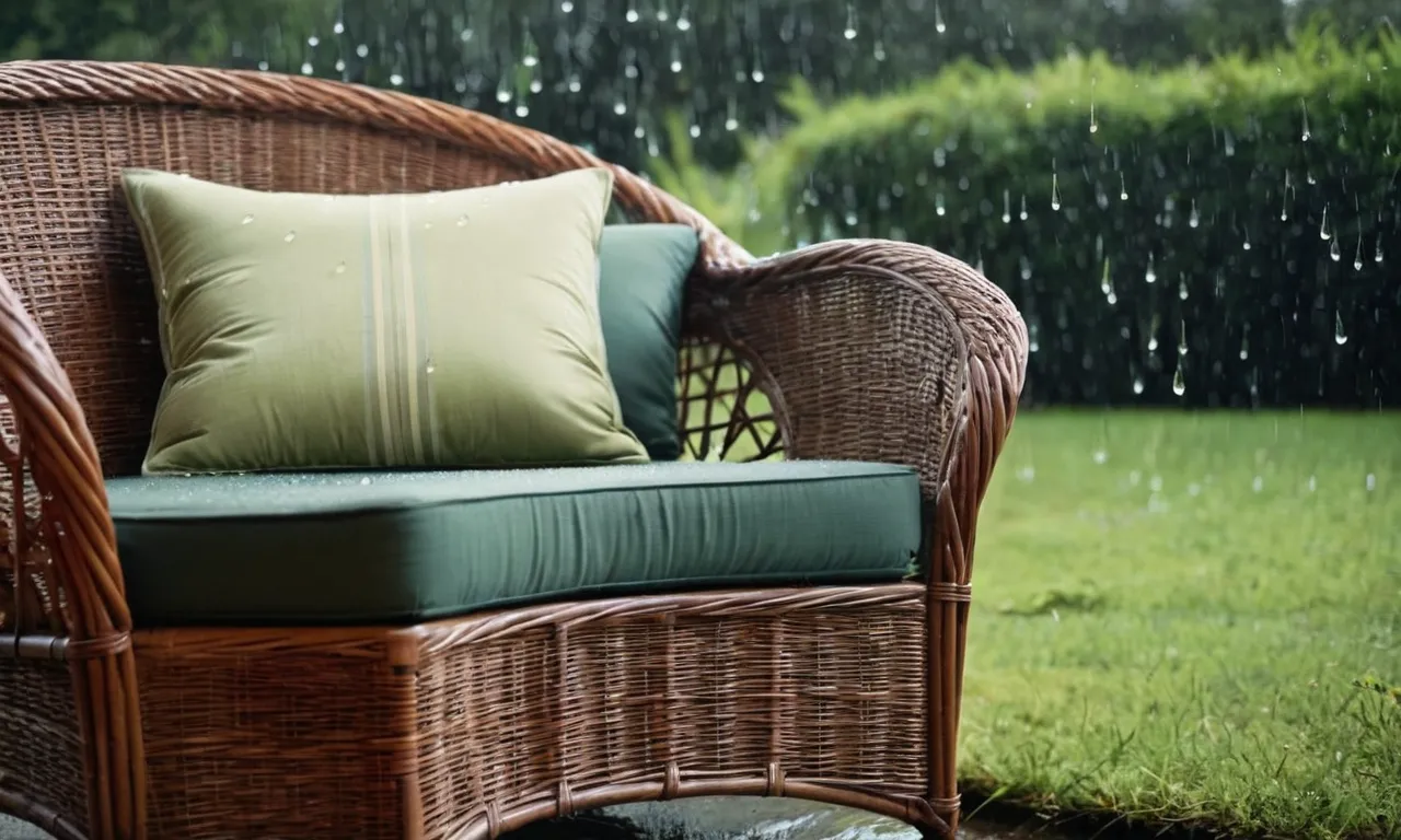A close-up shot of wicker furniture sitting under a gentle rain shower, showcasing its resilience as droplets delicately bead up on the intricately woven surface.