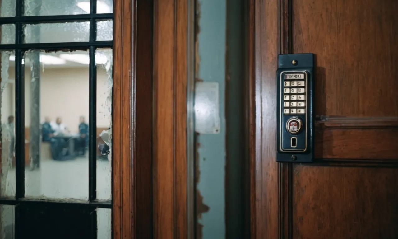 A tense photo captures a splintered door frame, symbolizing the blurred line between security and intrusion, prompting questions about the limits of police authority and individual privacy rights.