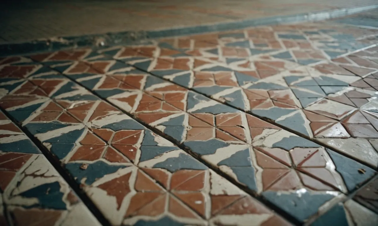 A close-up shot capturing the worn-out floor tiles, their faded patterns hinting at a bygone era. The photo raises questions about their composition, inviting curiosity about the timeline of asbestos usage.