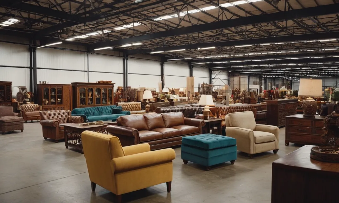 A captivating photo displays a bustling warehouse, filled with rows of beautifully crafted furniture pieces, showcasing the diversity and abundance of options available for wholesale purchase and resale.