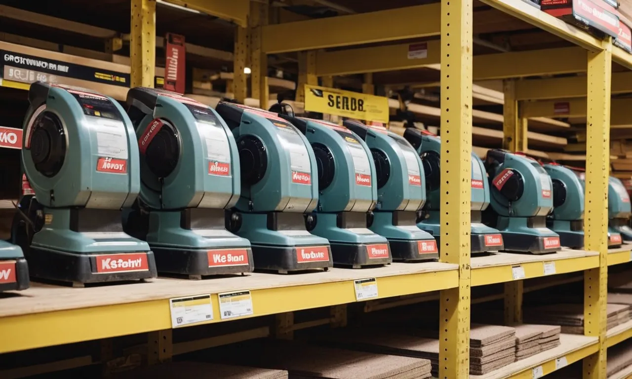 A photo capturing a row of neatly organized floor sanders available for rent at a hardware store, showcasing their different sizes, models, and rental prices.