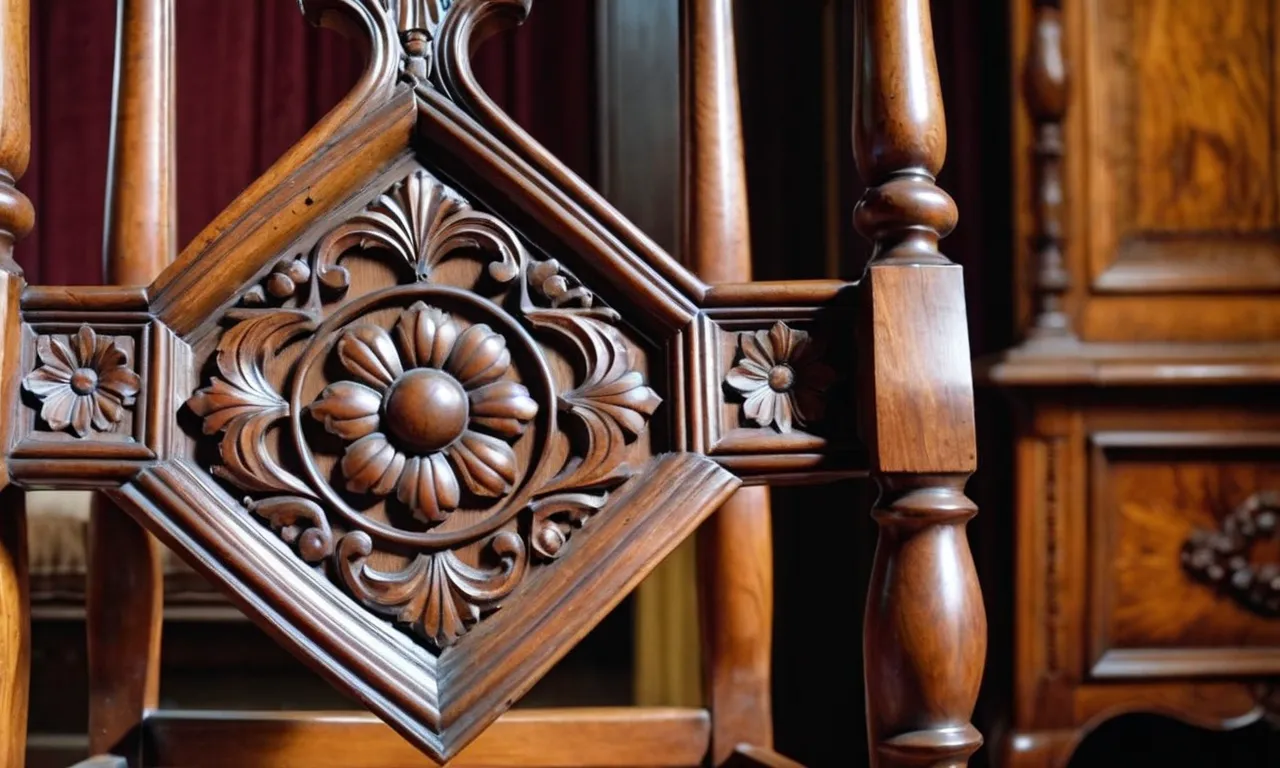 A close-up photo showcasing the exquisite craftsmanship of a vintage wooden chair, highlighting its intricate carvings and rich patina, enticing potential buyers seeking to sell antique furniture.