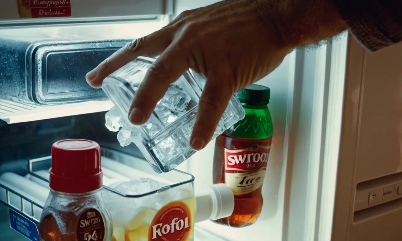 A close-up photo capturing a frustrated homeowner's hand reaching into an open refrigerator door, showing a stagnant and empty ice dispenser with no sign of a swirling whirlpool of ice cubes.
