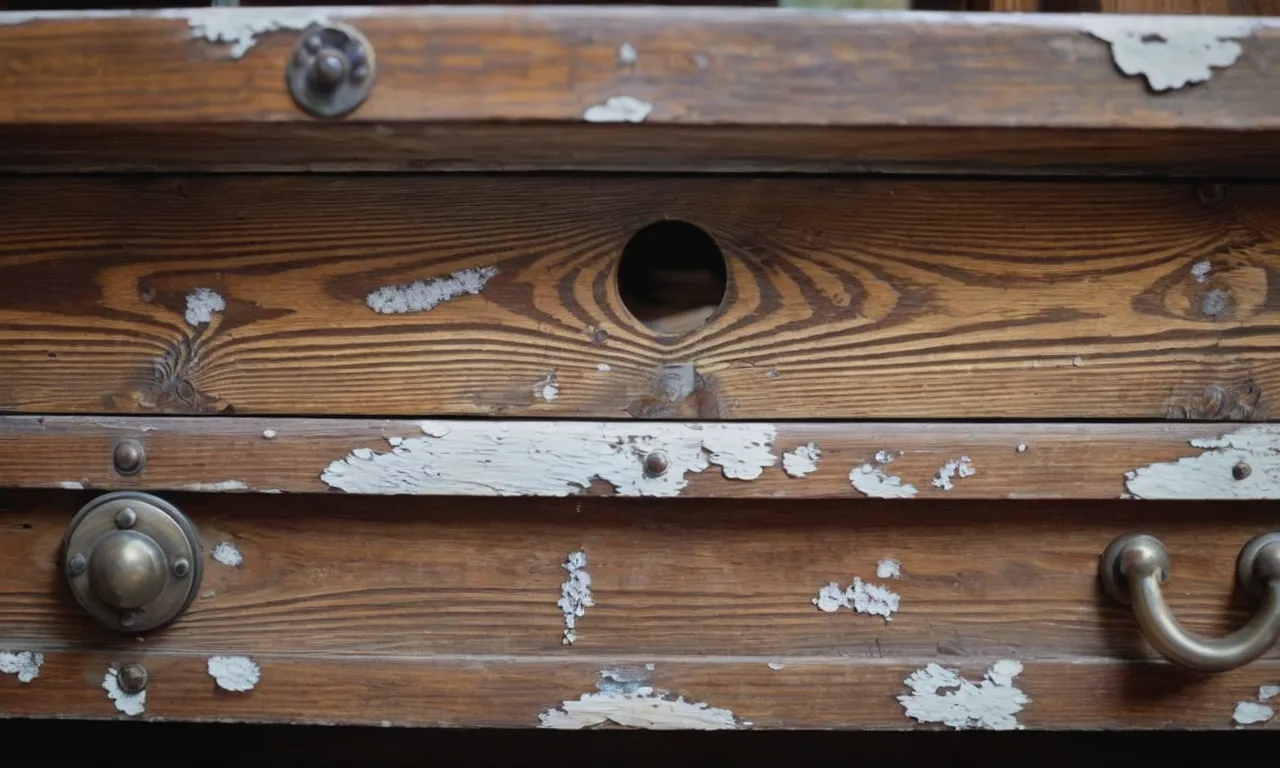 A captivating painting capturing the delicate beauty of white mold enveloping weathered wood furniture, a harmonious blend of decay and serenity.