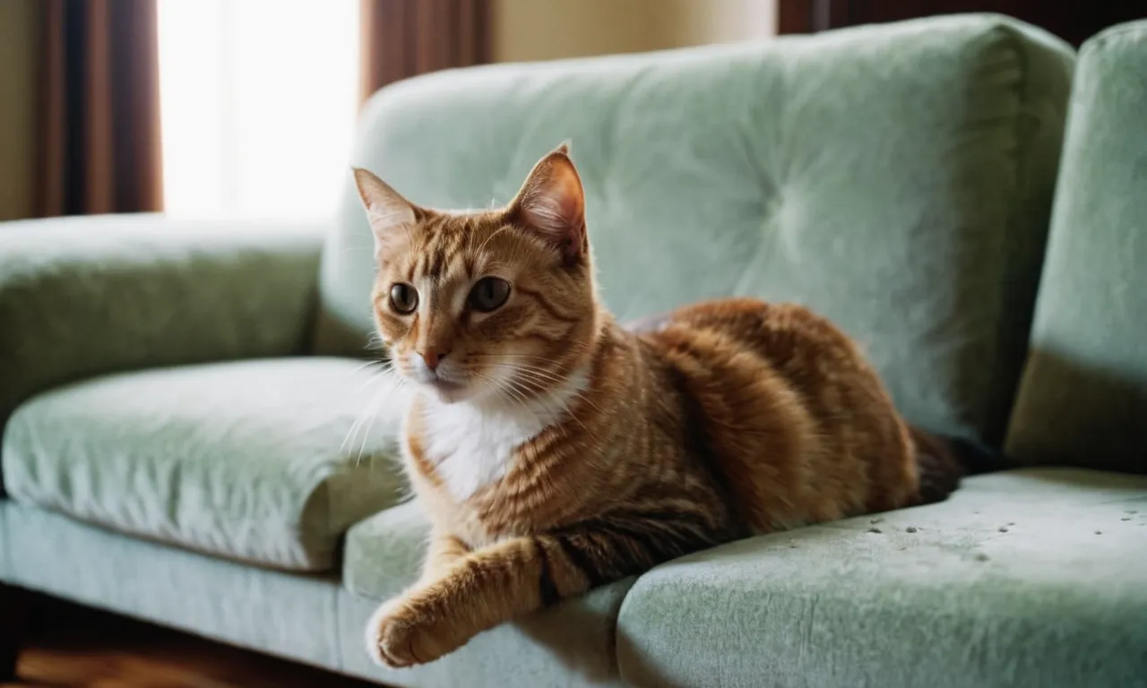 A close-up shot of a cat's mischievous gaze, captured against a backdrop of a pristine couch marred by a puddle, inviting viewers to ponder the enigma of why cats choose furniture as their chosen bathroom.