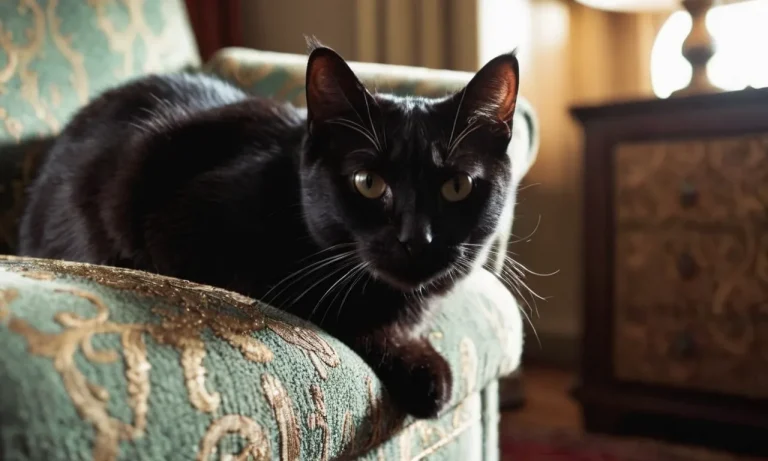 A close-up shot capturing the intense gaze of a curious cat, perched on a scratched-up armchair, showcasing its natural instinct to scratch furniture and carpets.