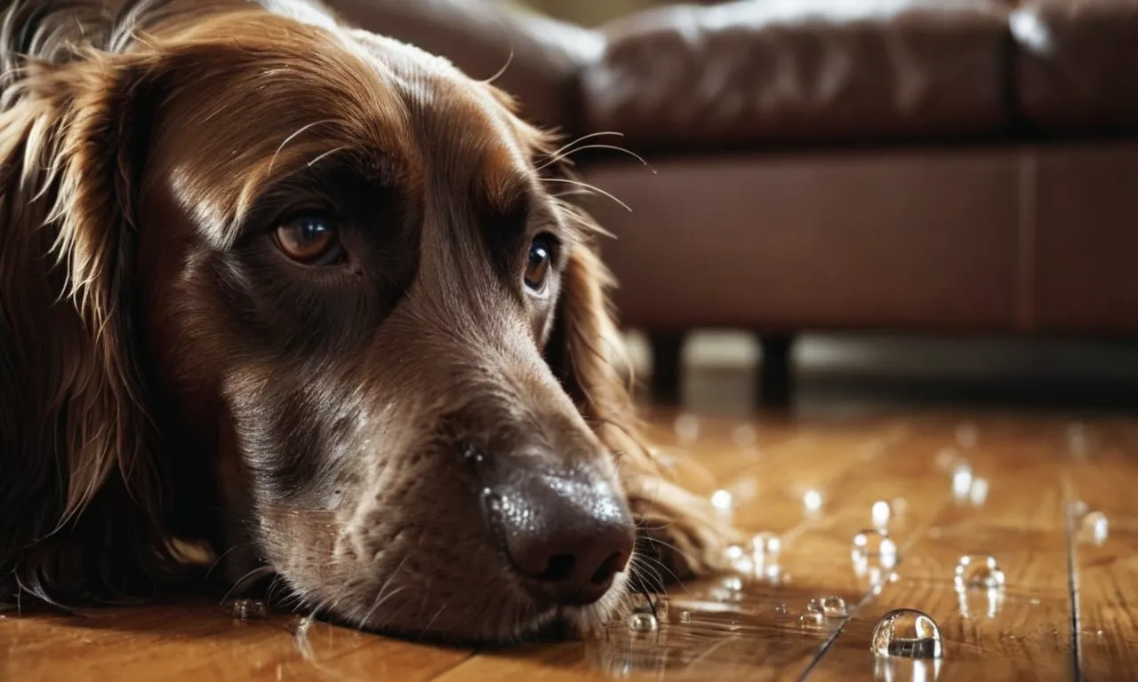 A close-up photograph capturing a curious dog's wet nose, pressed against the polished surface of a wooden coffee table, leaving a trail of droplets, illustrating the intriguing behavior of dogs licking furniture.