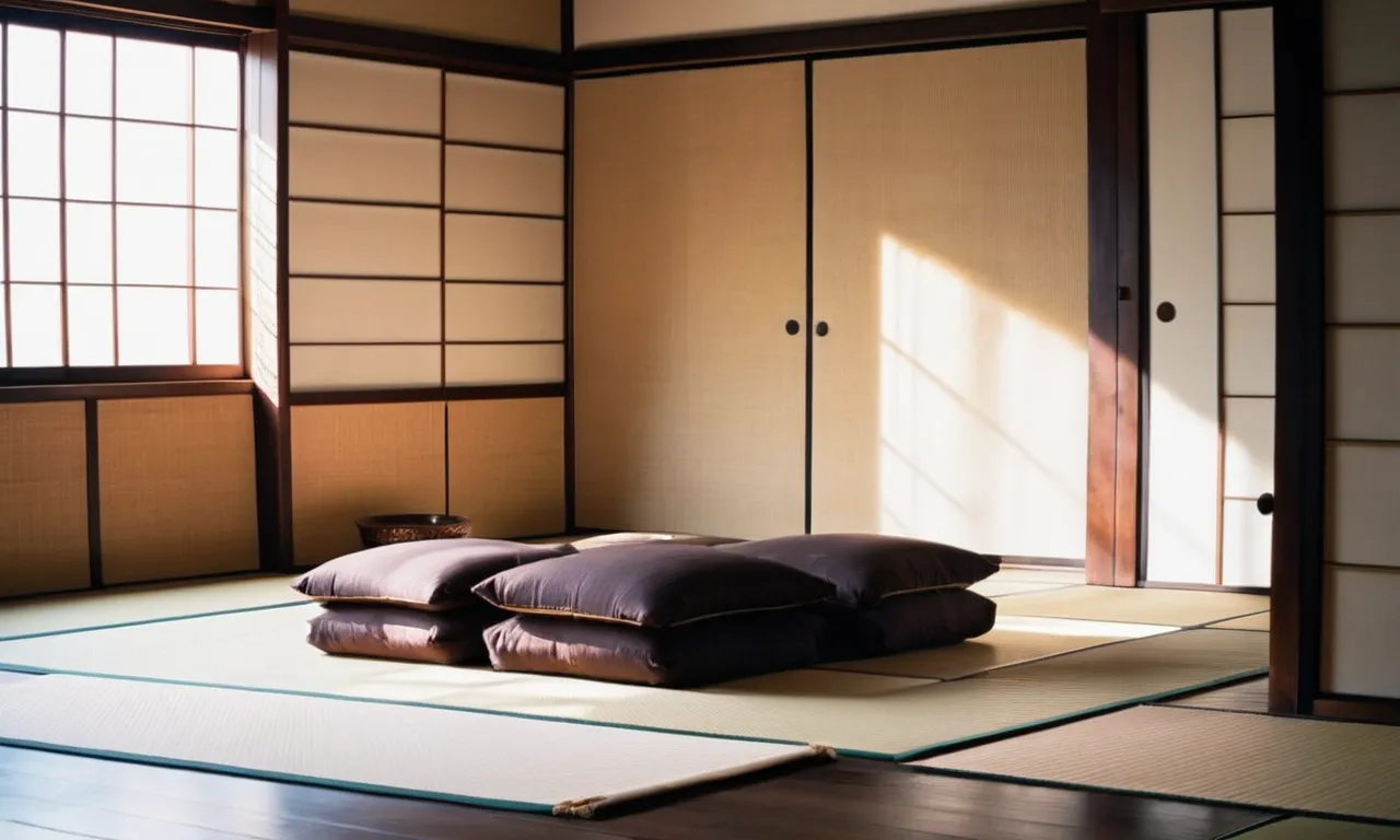 A captivating photograph captures a traditional Japanese tatami room, bathed in warm sunlight. Serene and minimalist, it showcases a cozy futon mattress set on the floor, inviting peaceful slumber and reflecting the cultural practice of sleeping close to