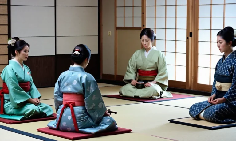 A captivating photo captures a traditional Japanese tea ceremony, showcasing individuals gracefully sitting on tatami mats, emphasizing the cultural significance and comfort of floor seating in Japan.